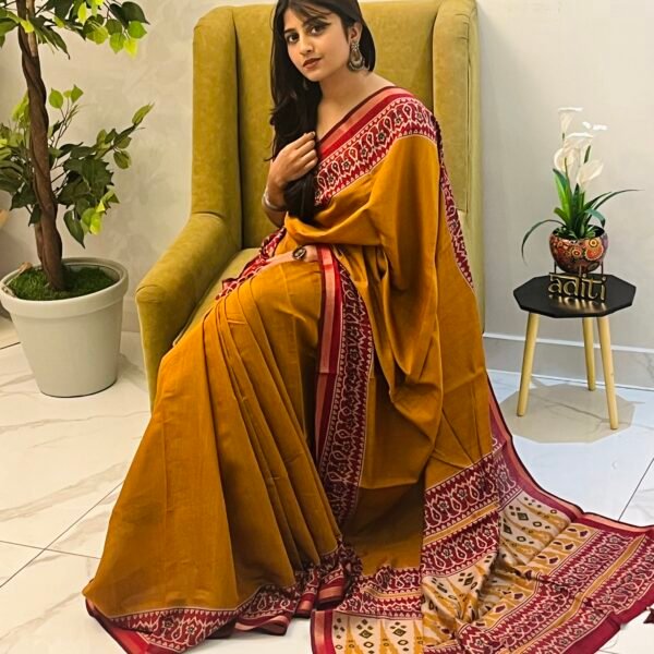 Mustard Yellow Ikat Print Silk Cotton Saree
