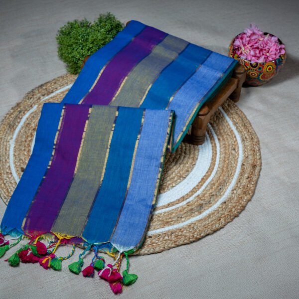 Ritu Rang – Jewel Stripe Mul Cotton Saree with Pom-Pom Tassels