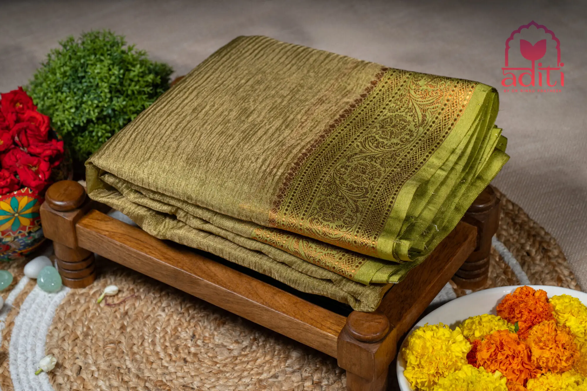 Greenlight Gleam – Greenish Golden Crushed Tissue Saree - Aditi by