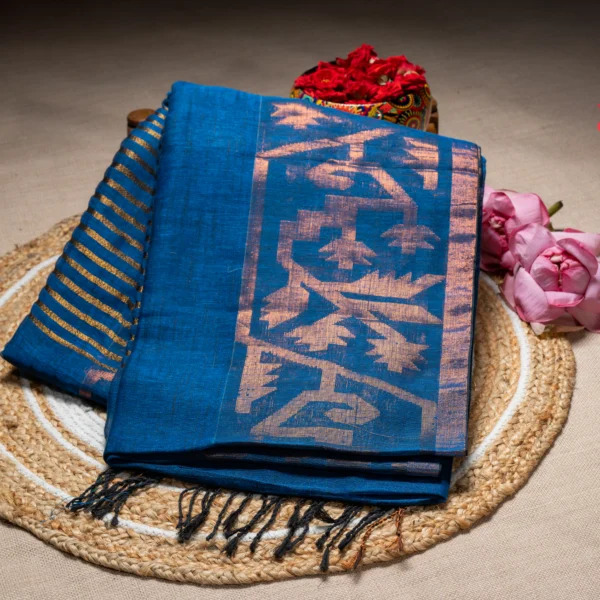 Blue Linen Jamdani Saree - Aditi by Dr. Rinku Pratheek