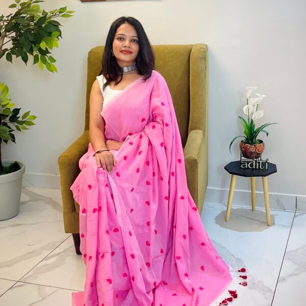Sweetheart Blush – Blush Pink Mul Cotton Saree with Woven Red Heart Motifs