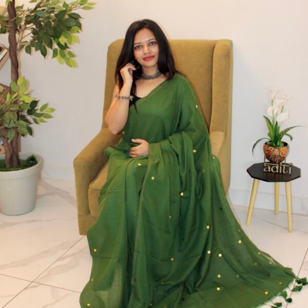 Green Muse – Forest Green Mul Cotton Saree with Hand-Applied Gini Work