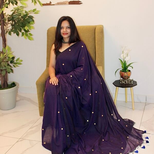 Purple Haze – Deep Purple Mul Cotton Saree with Gold Gini Detailing