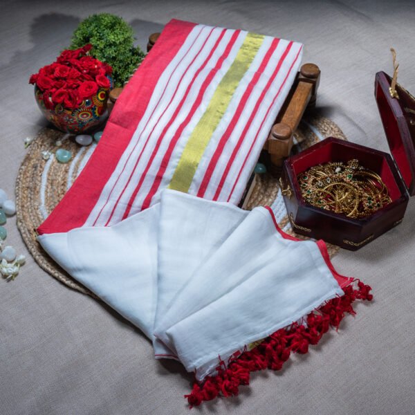 Mallika – White MUL Cotton Saree with Red & Golden Stripes