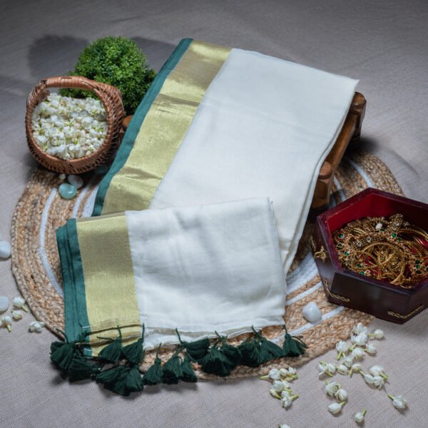 Tulsi Green Border mul cotton Onam Saree
