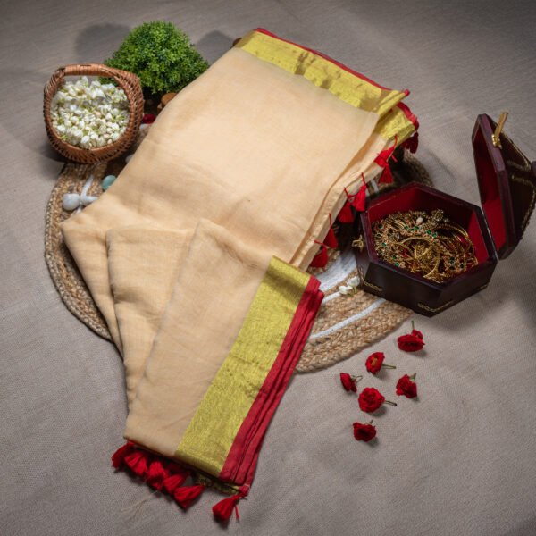Parijatham–Sandal MUL Cotton Saree with Zari & Red Border