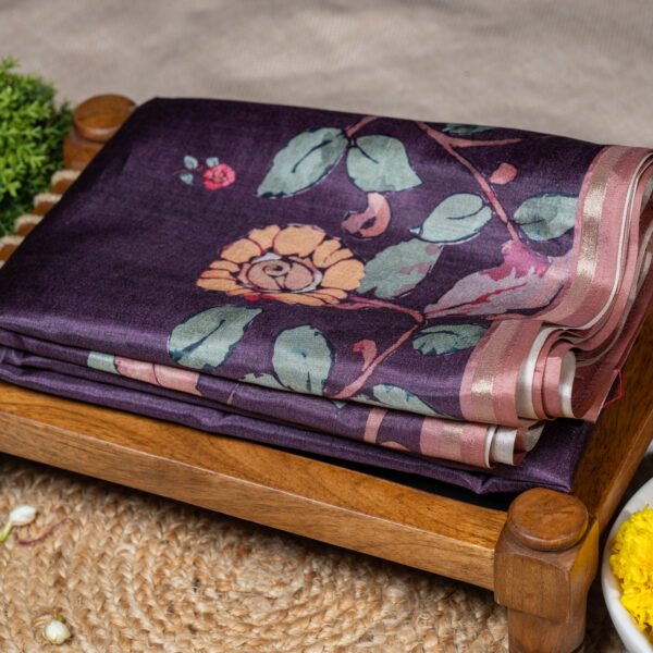 Plum Purple Floral Semi Tussar Silk Saree